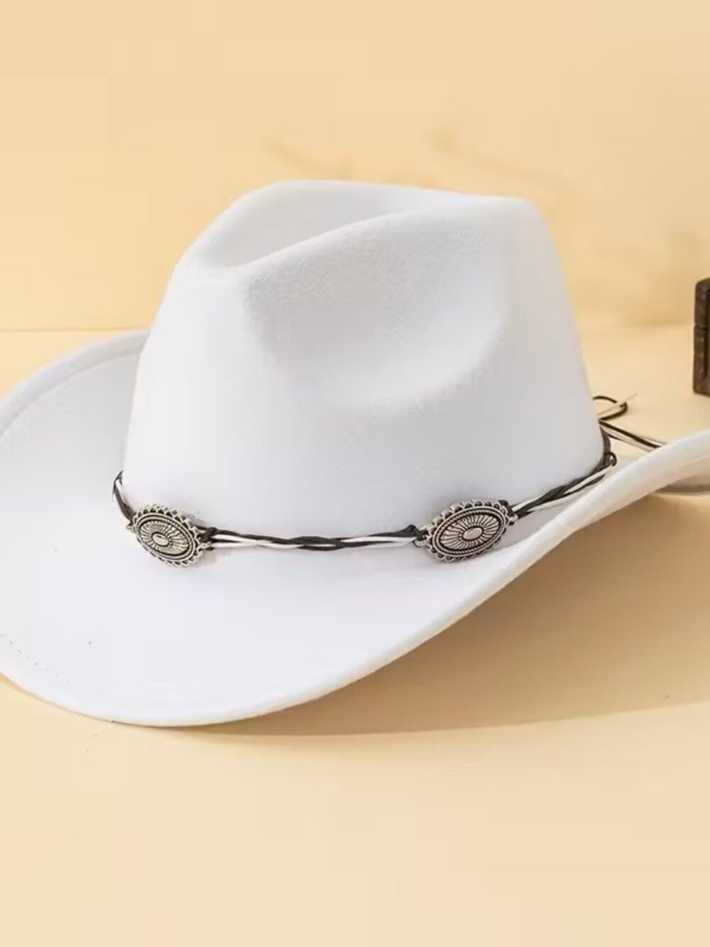 White Western Cowboy Cowgirl Hat Braided Concho Band Wide Brim Rodeo Festival